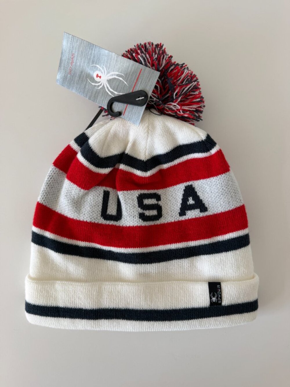 Spyder USA Pom Beanie White Red Navy Striped Knit Hat NWT